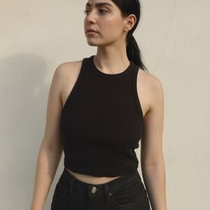 NLT Black Ribbed Knit Cropped Tank Top Womens Small Sleeveless Basic Casual Goth